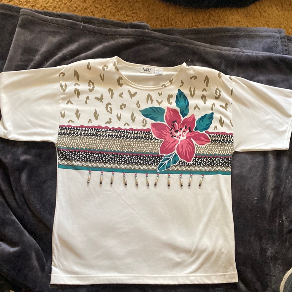 T-shirt by Lucia with floral and stripes along with 4 part bead work.